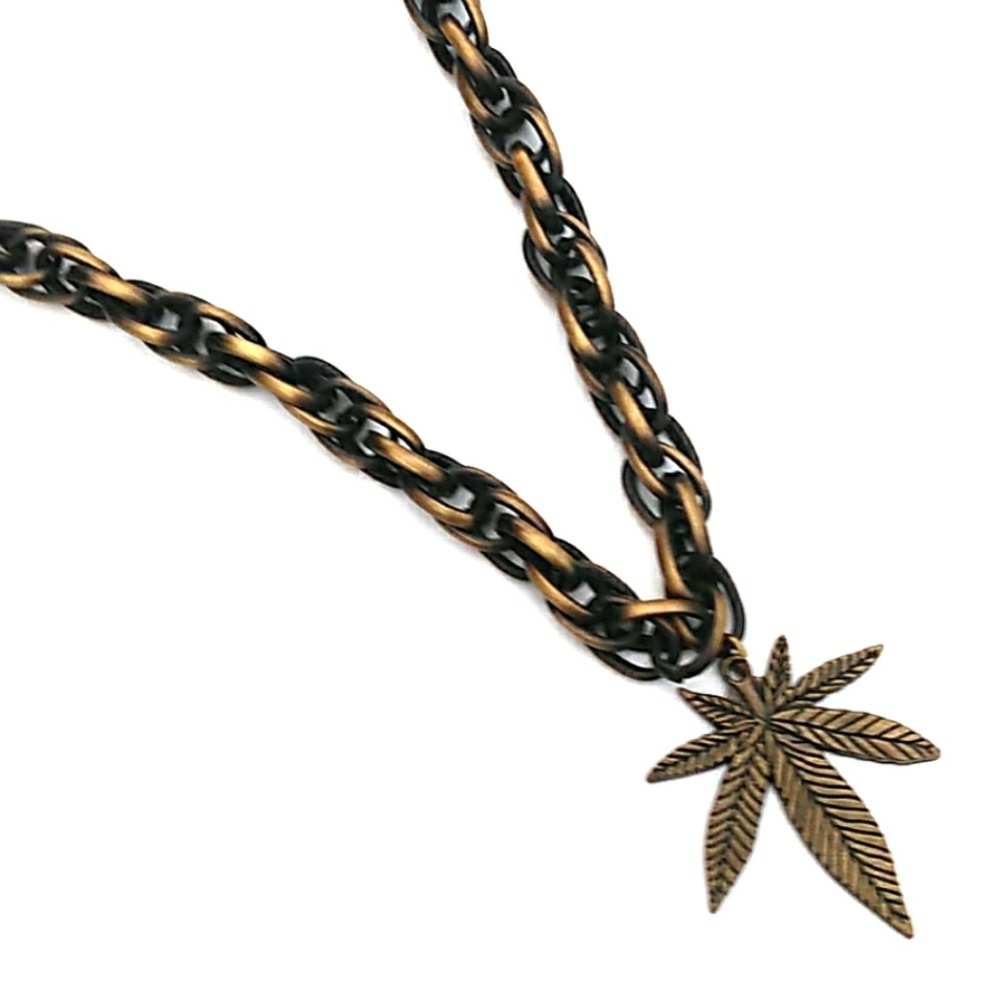 NEW Antiqued Brass Double Link Pot Leaf Necklace - Picture 4 of 8